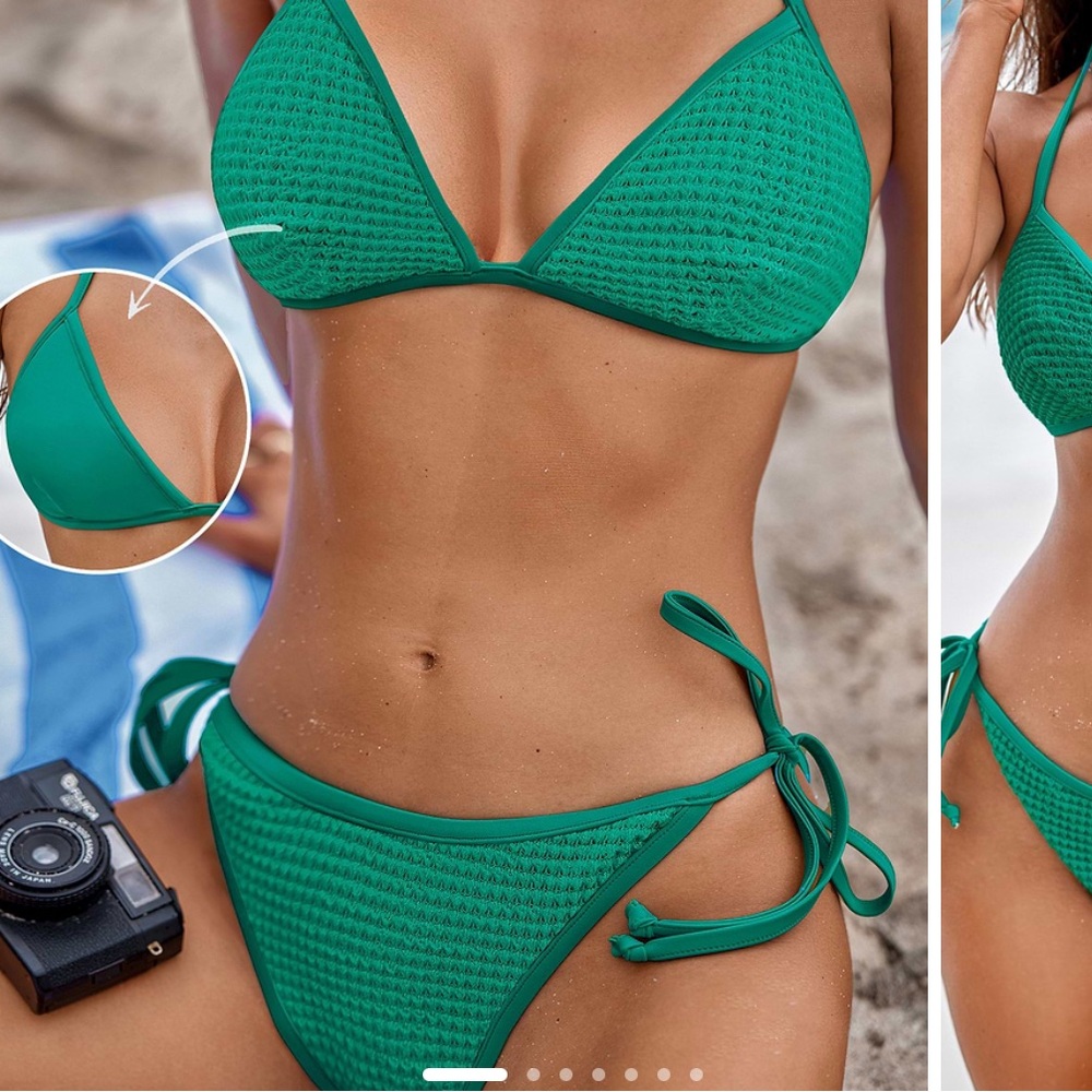 Green reversible triangle bikini top and low rise bottom.
